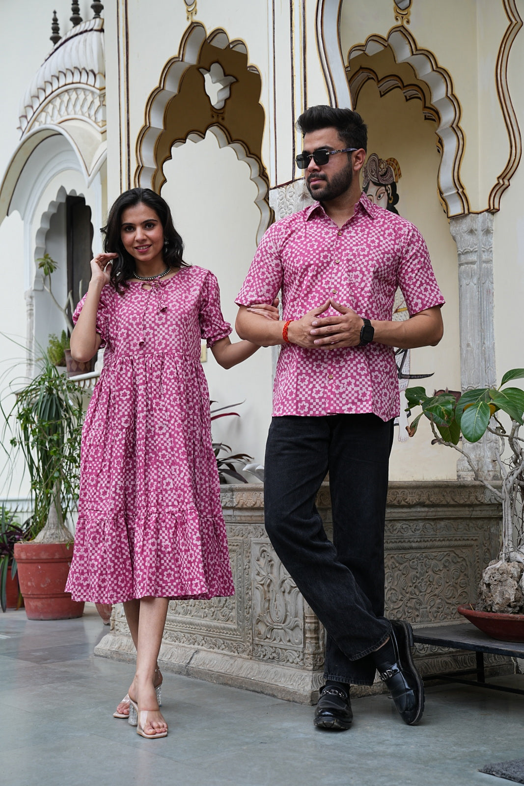 Couple Style Combo – Jaipuri Handblock Cotton Dress & Shirt Set