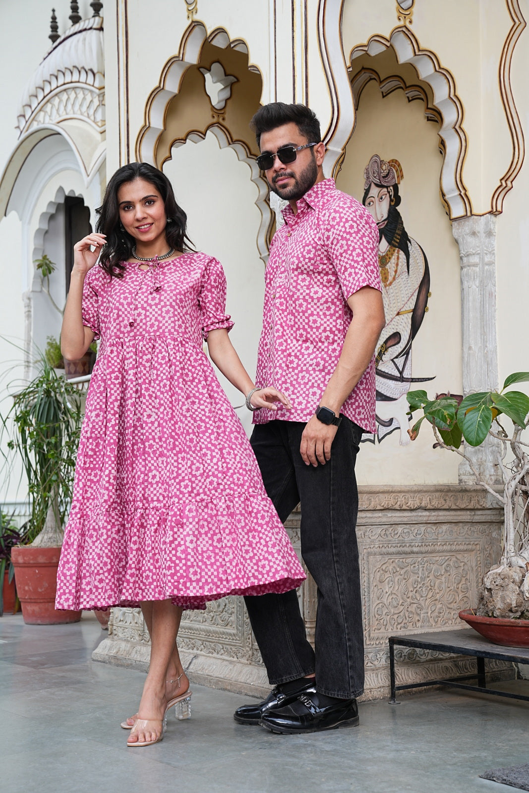Couple Style Combo – Jaipuri Handblock Cotton Dress & Shirt Set