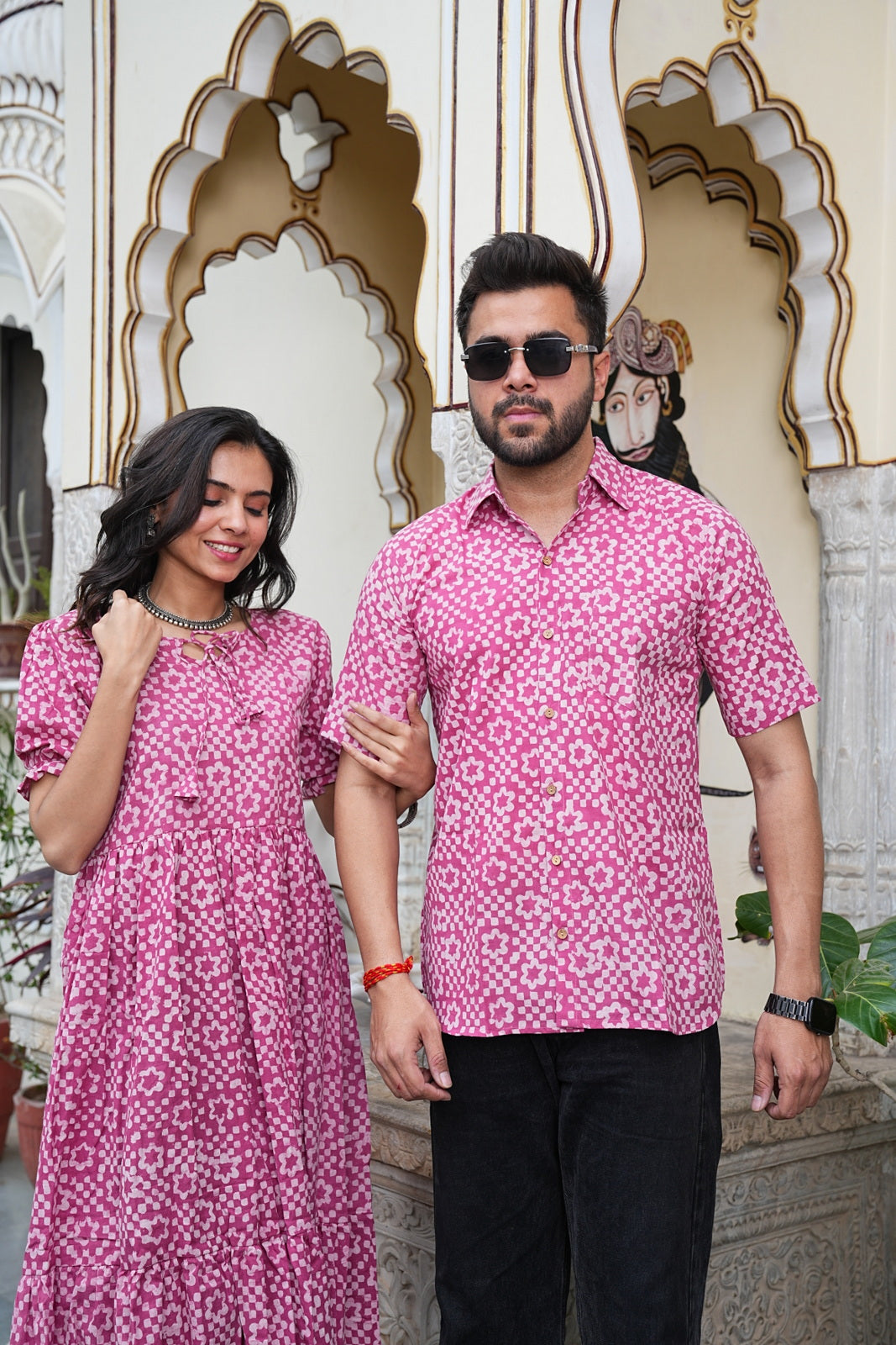 Couple Style Combo – Jaipuri Handblock Cotton Dress & Shirt Set