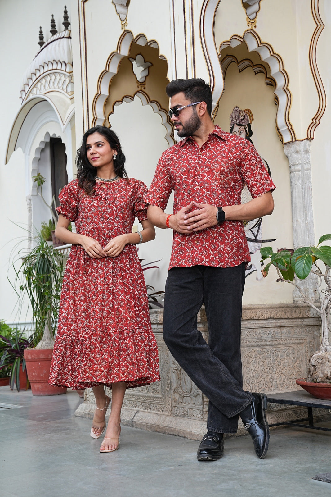 Couple Style Combo – Jaipuri Handblock Cotton Dress & Shirt Set
