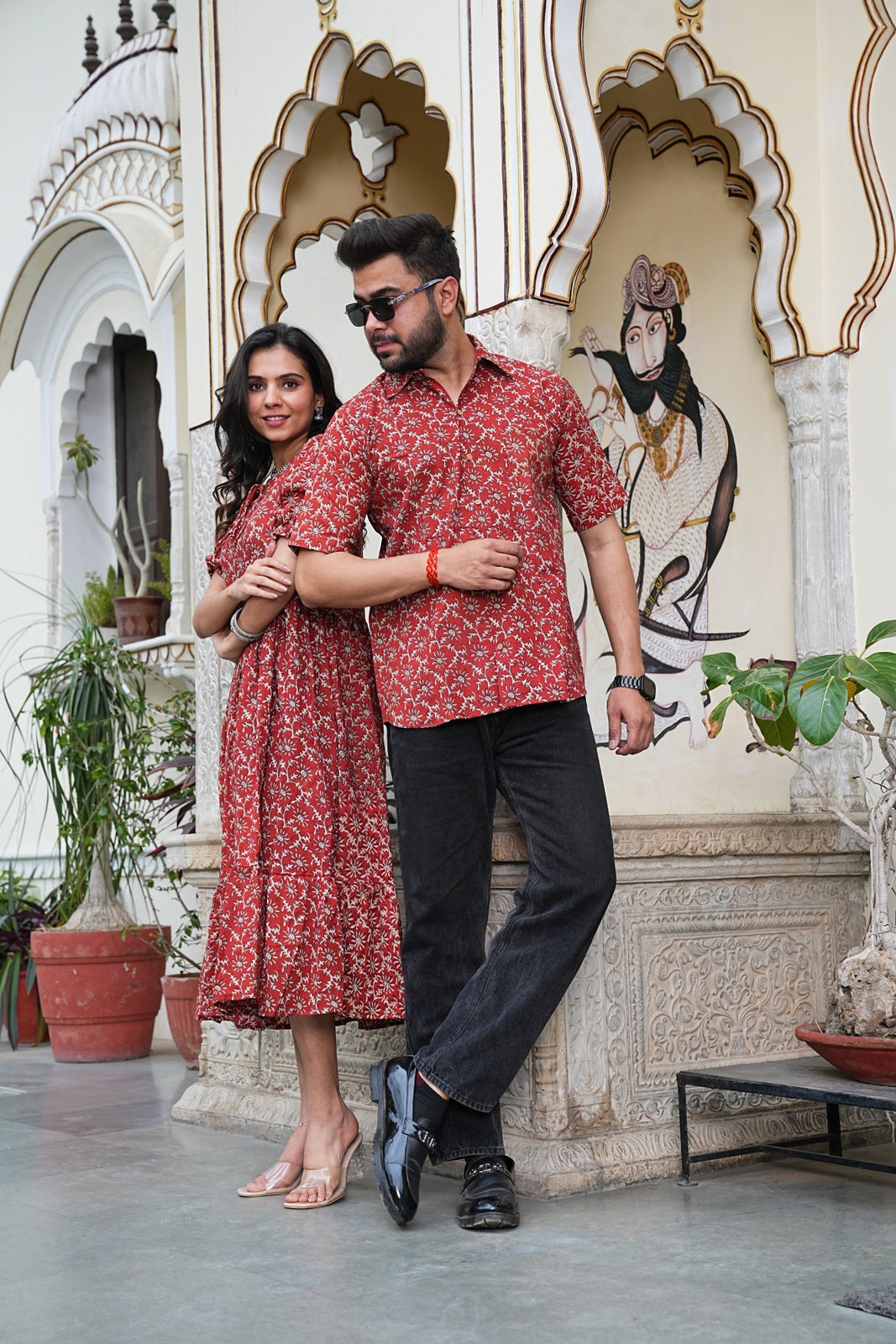 Couple Style Combo – Jaipuri Handblock Cotton Dress & Shirt Set