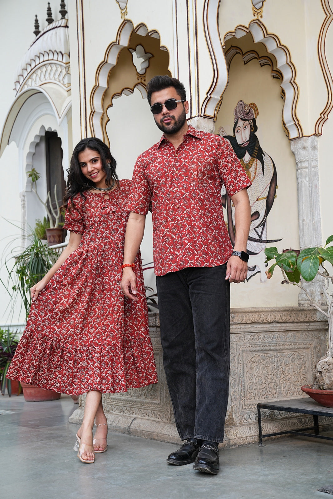 Couple Style Combo – Jaipuri Handblock Cotton Dress & Shirt Set
