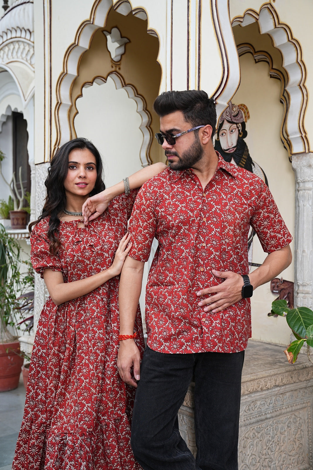 Couple Style Combo – Jaipuri Handblock Cotton Dress & Shirt Set