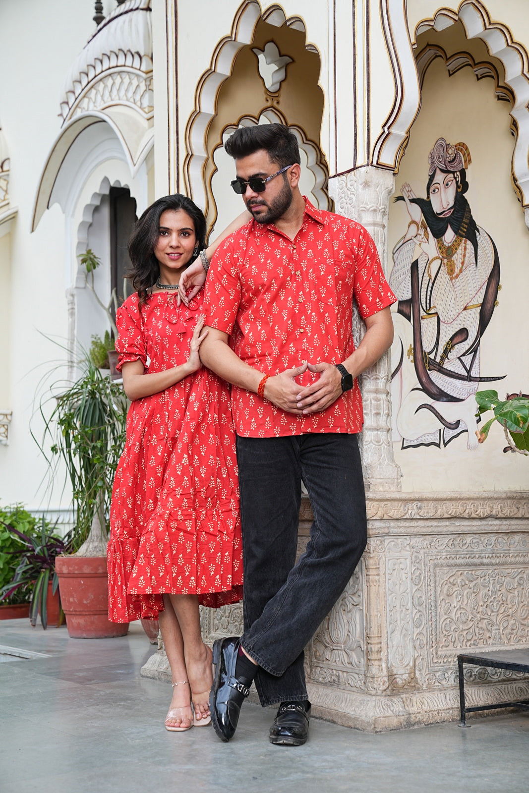 Couple Style Combo – Jaipuri Handblock Cotton Dress & Shirt Set