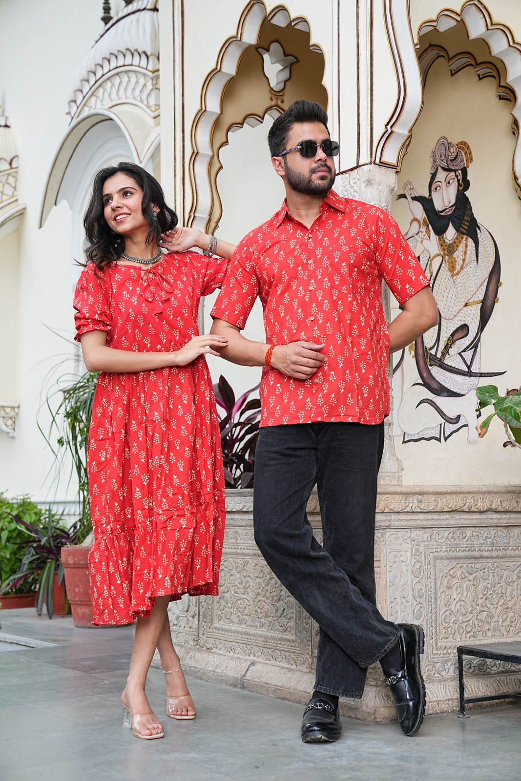 Couple Style Combo – Jaipuri Handblock Cotton Dress & Shirt Set