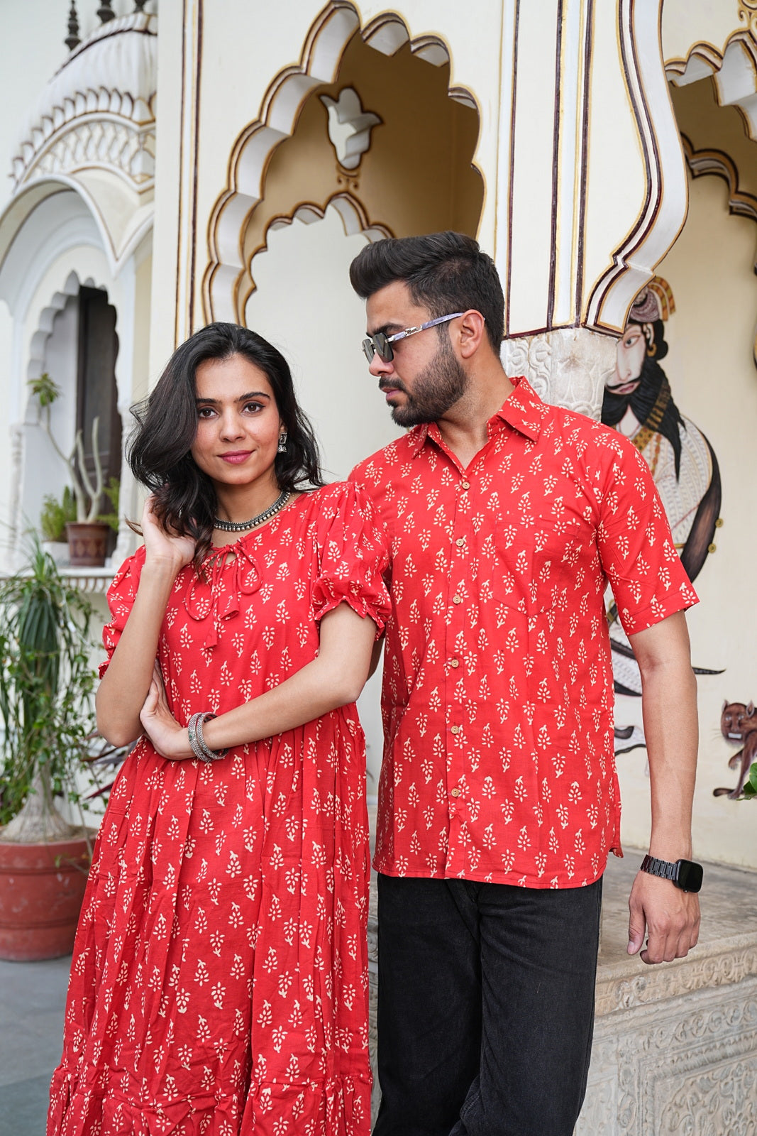 Couple Style Combo – Jaipuri Handblock Cotton Dress & Shirt Set