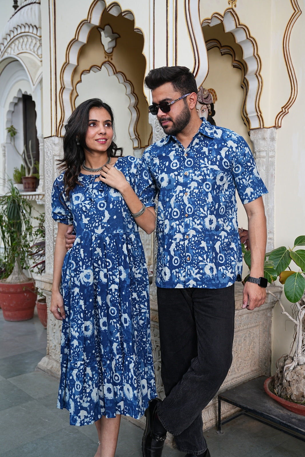Couple Style Combo – Jaipuri Handblock Cotton Dress & Shirt Set