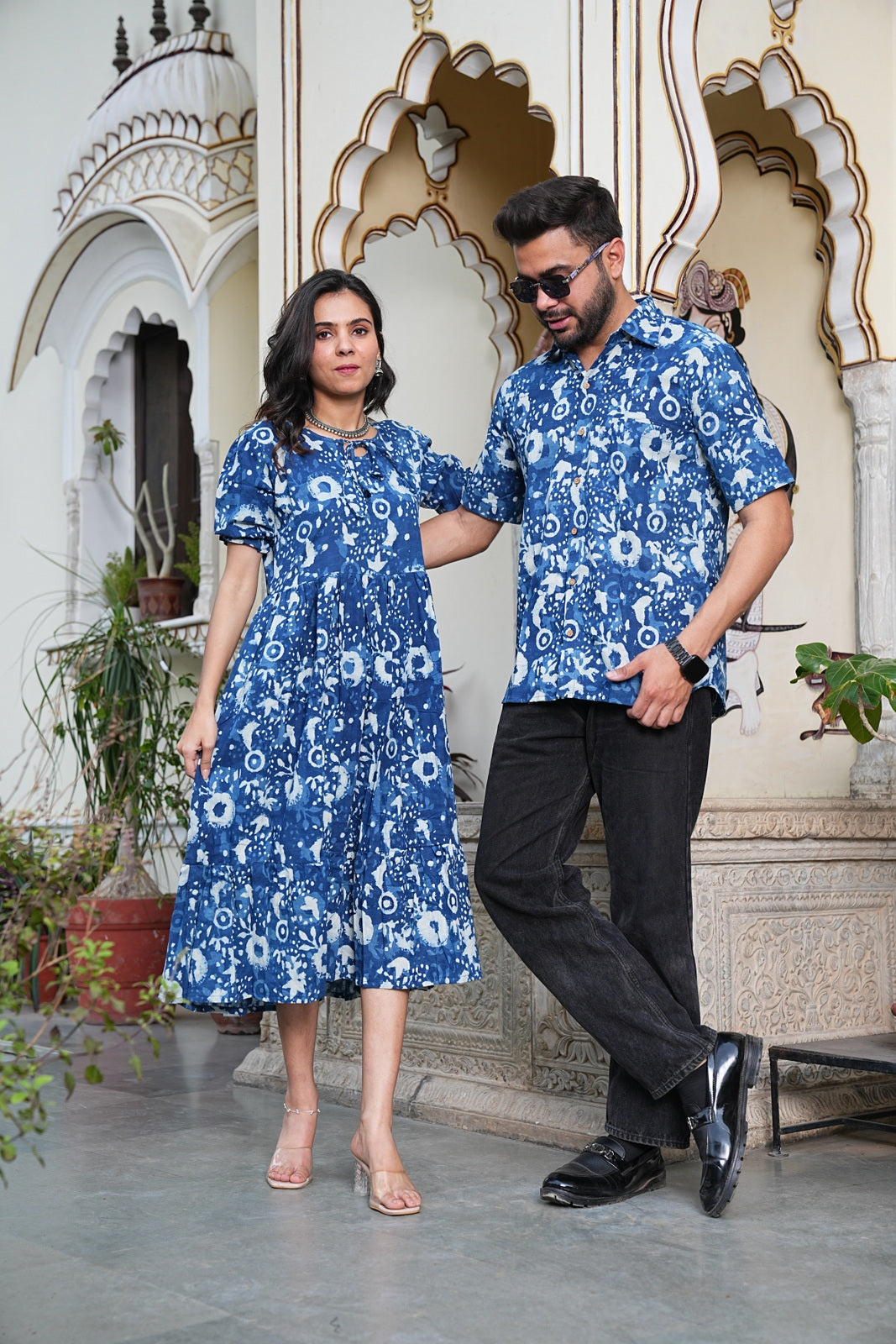 Couple Style Combo – Jaipuri Handblock Cotton Dress & Shirt Set