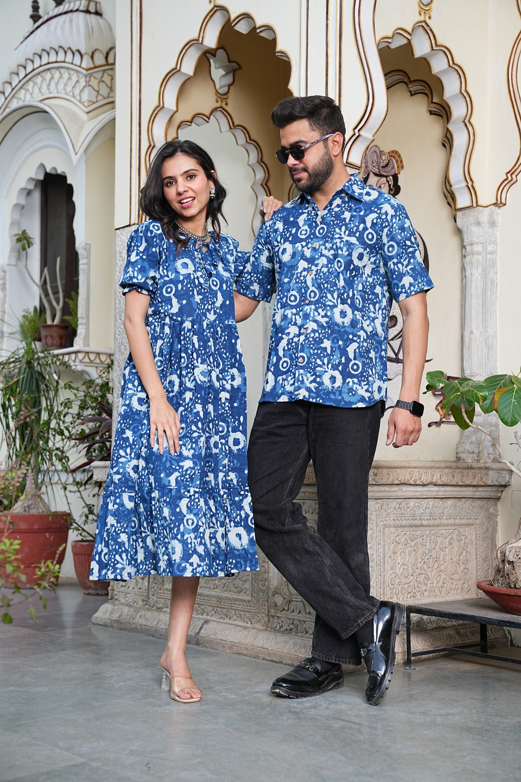 Couple Style Combo – Jaipuri Handblock Cotton Dress & Shirt Set