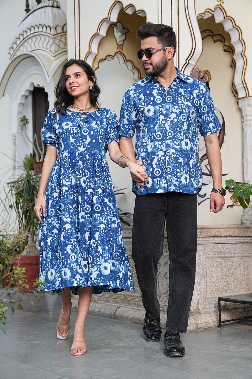 Couple Style Combo – Jaipuri Handblock Cotton Dress & Shirt Set