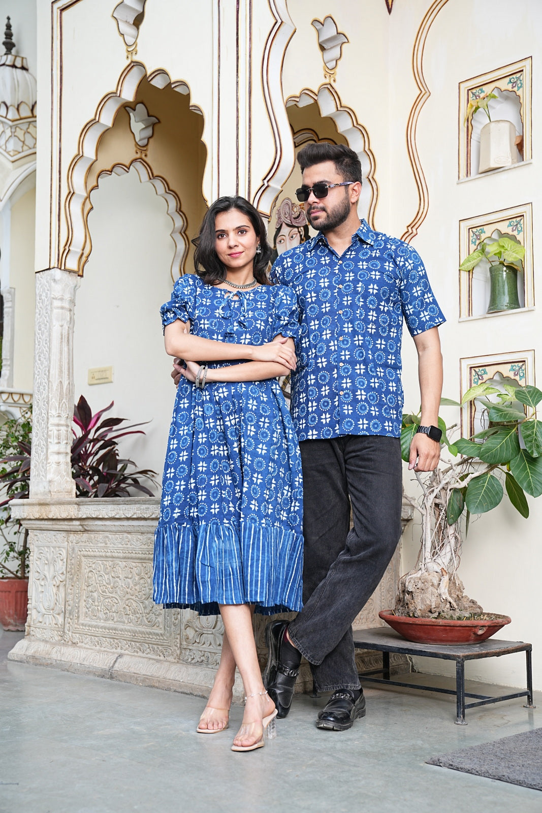 Couple Style Combo – Jaipuri Handblock Cotton Dress & Shirt Set