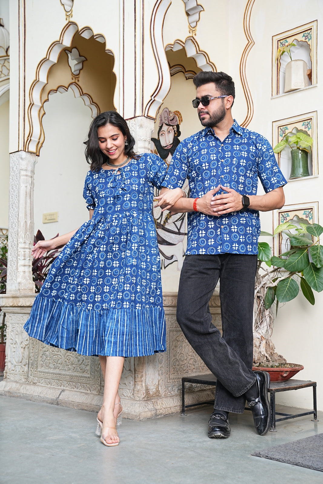Couple Style Combo – Jaipuri Handblock Cotton Dress & Shirt Set
