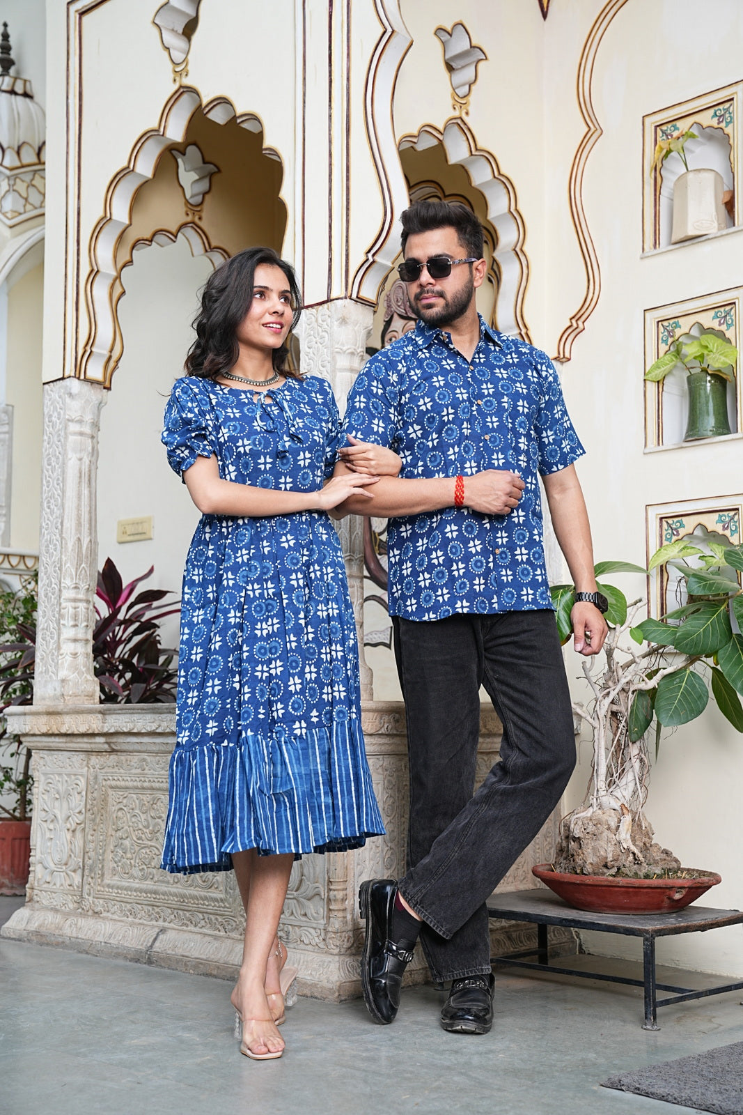 Couple Style Combo – Jaipuri Handblock Cotton Dress & Shirt Set