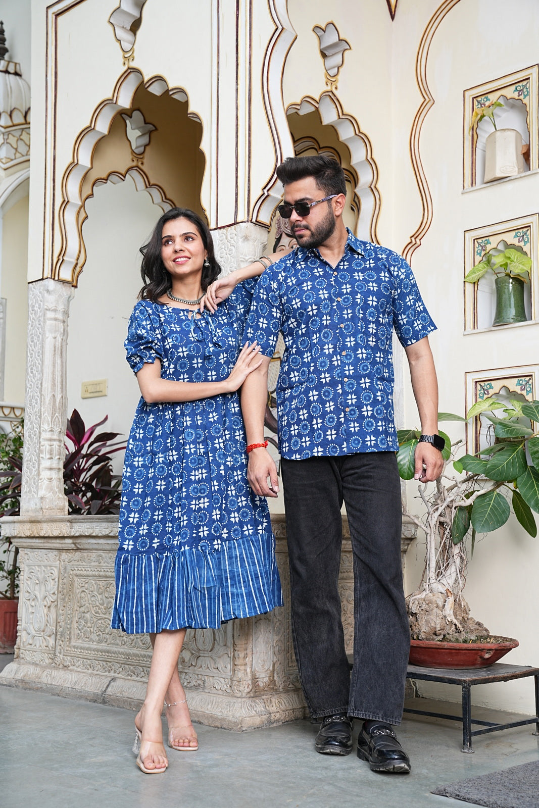 Couple Style Combo – Jaipuri Handblock Cotton Dress & Shirt Set