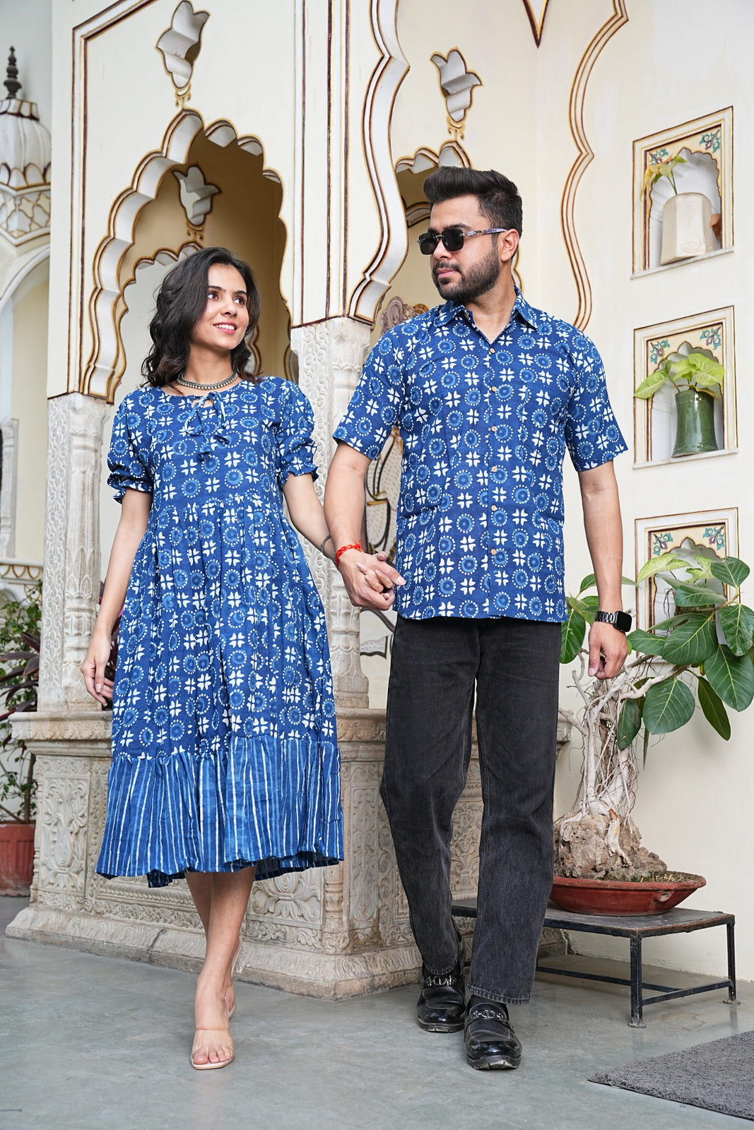 Couple Style Combo – Jaipuri Handblock Cotton Dress & Shirt Set