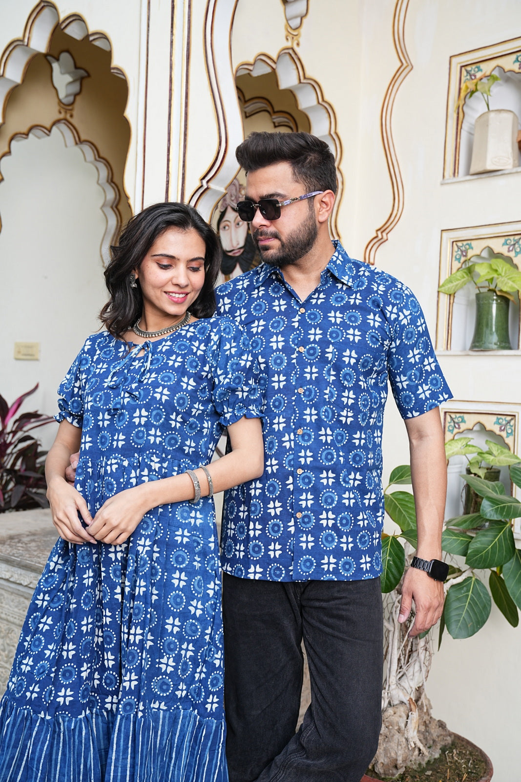 Couple Style Combo – Jaipuri Handblock Cotton Dress & Shirt Set