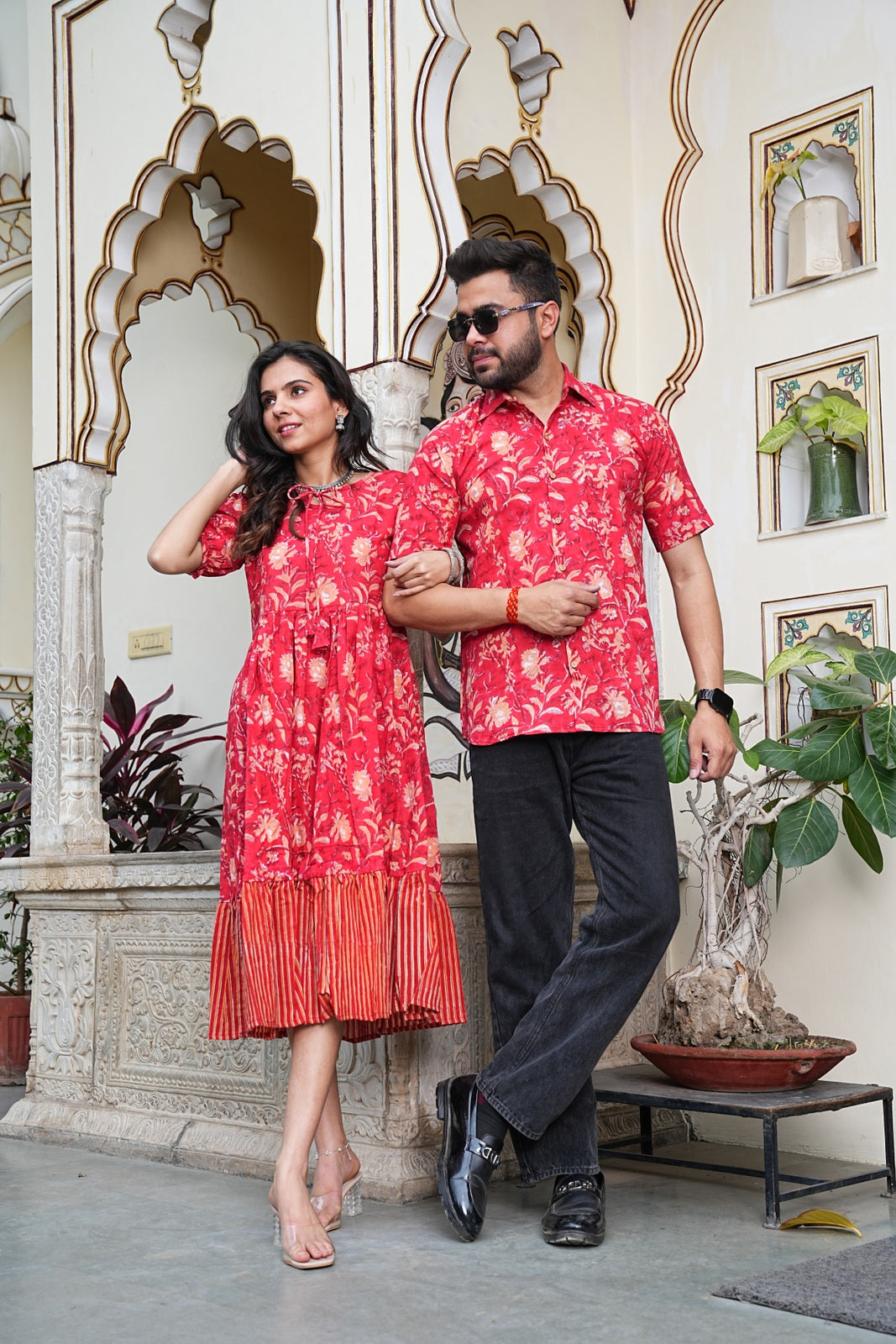 Couple Style Combo – Jaipuri Handblock Cotton Dress & Shirt Set