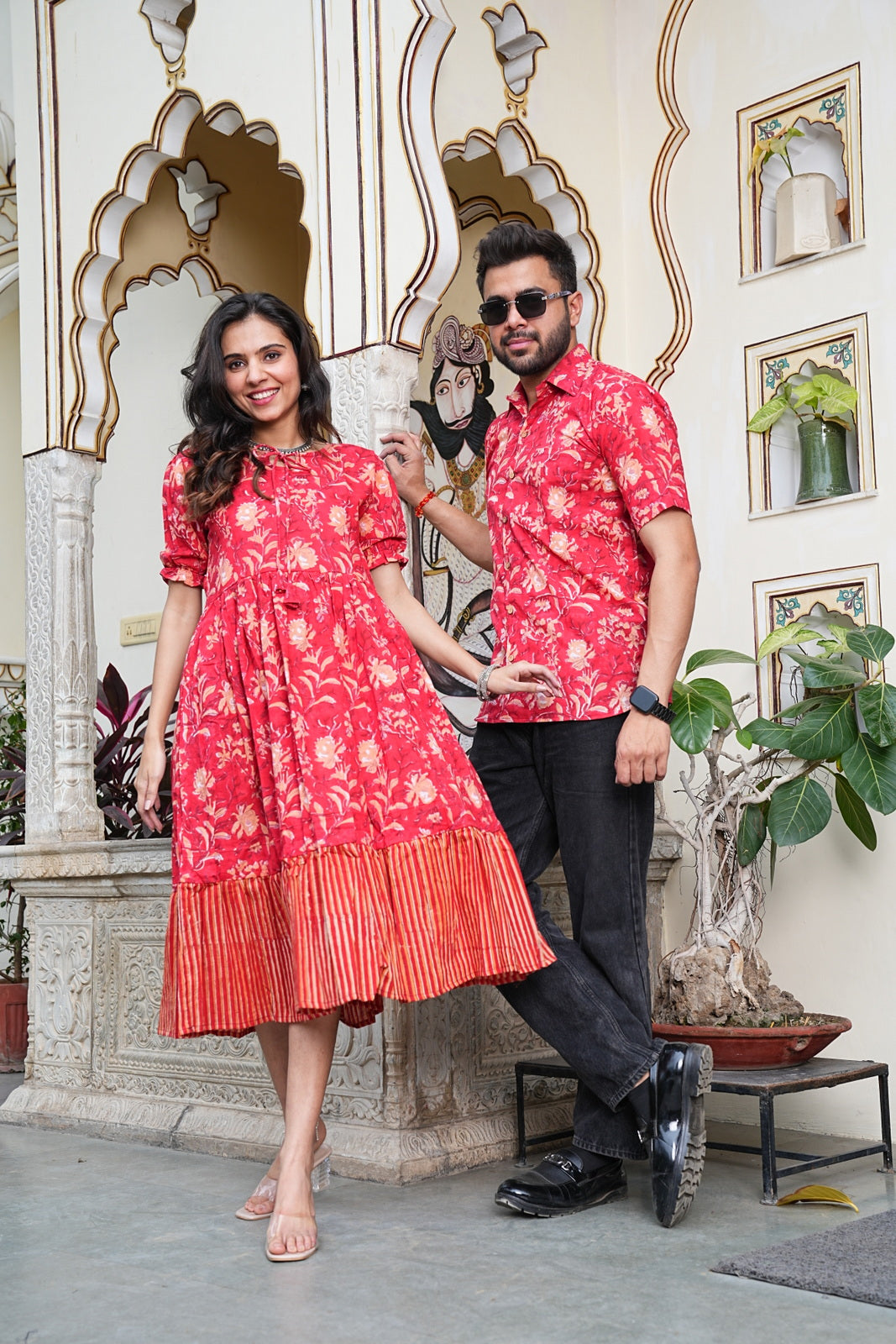 Couple Style Combo – Jaipuri Handblock Cotton Dress & Shirt Set