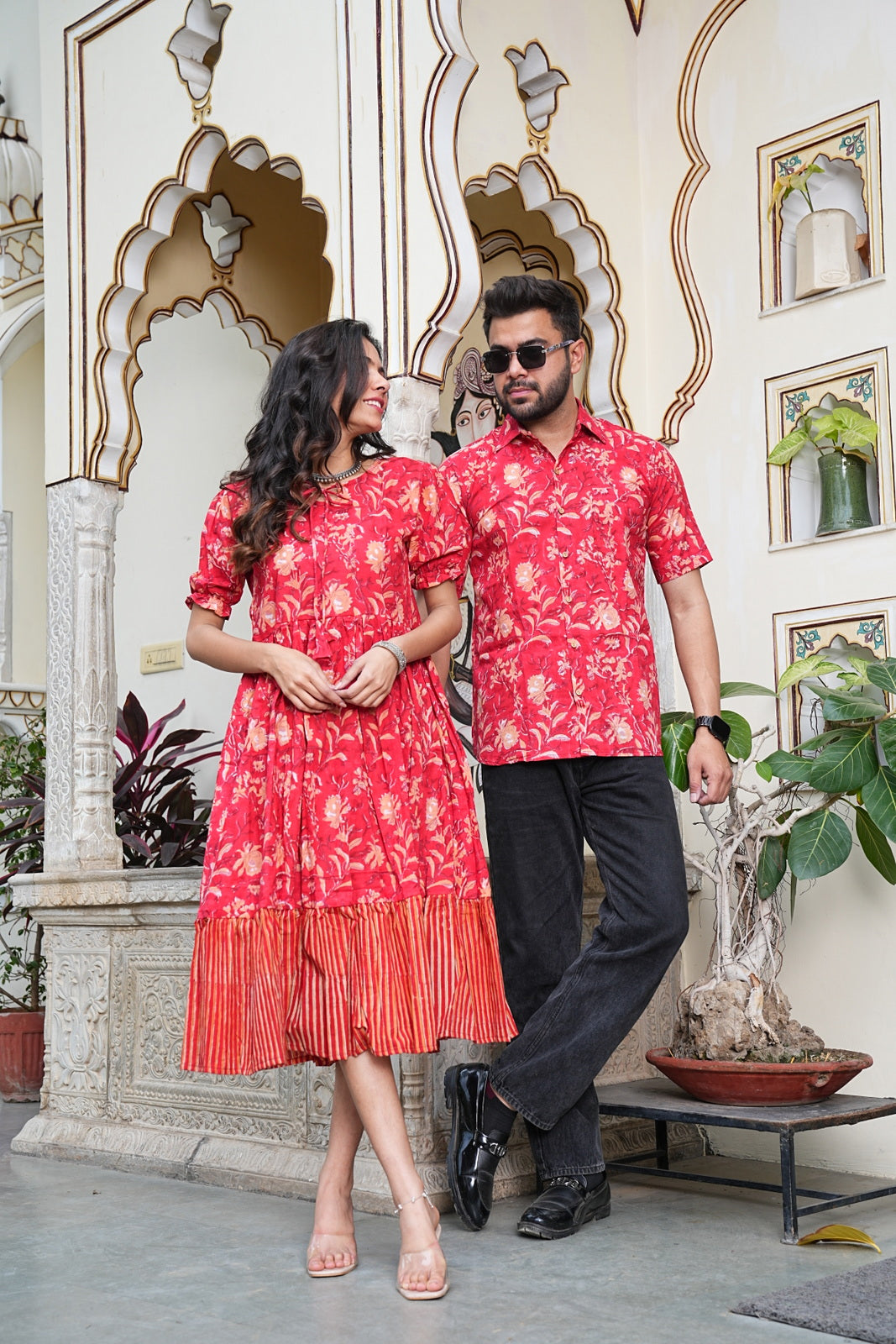 Couple Style Combo – Jaipuri Handblock Cotton Dress & Shirt Set