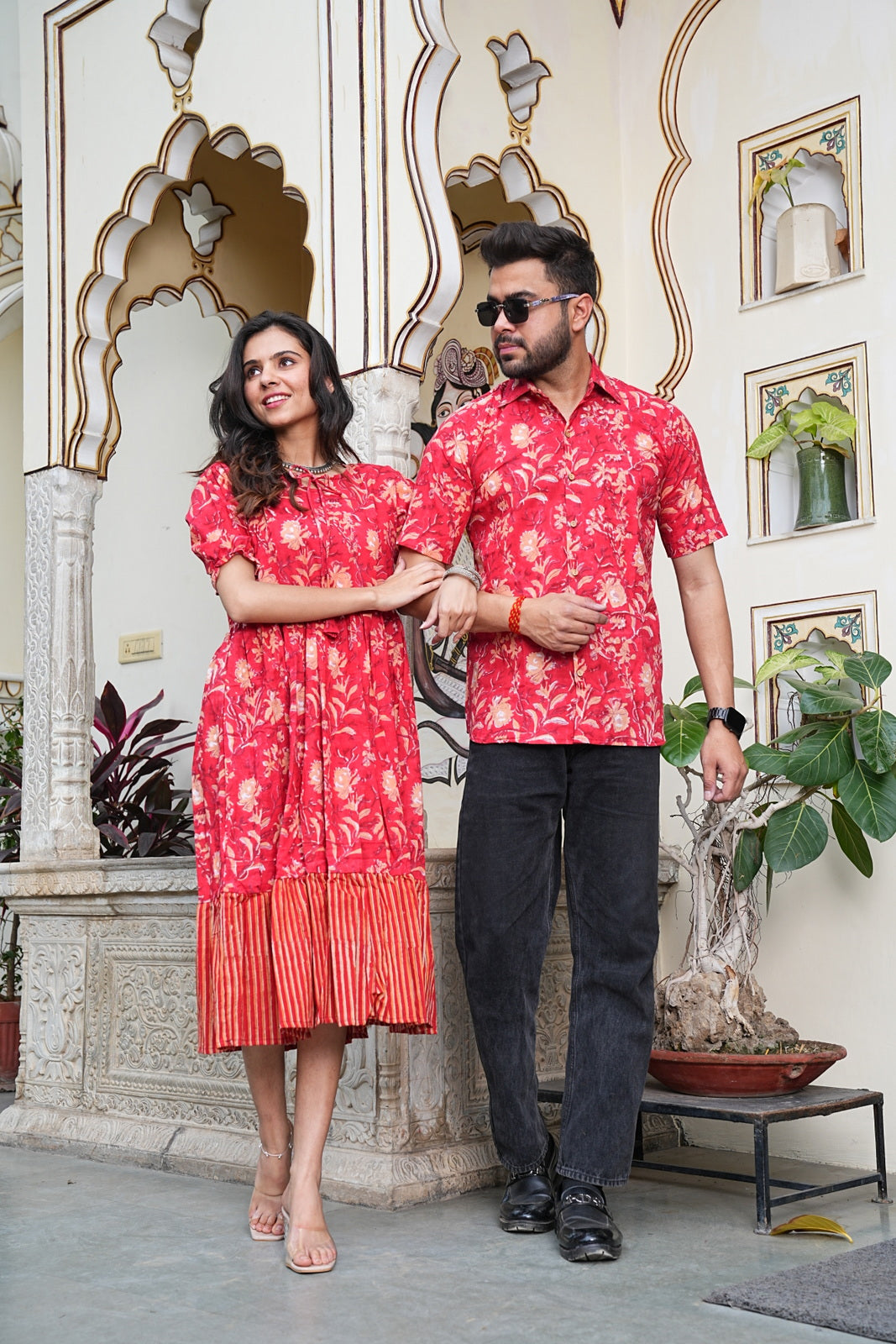 Couple Style Combo – Jaipuri Handblock Cotton Dress & Shirt Set