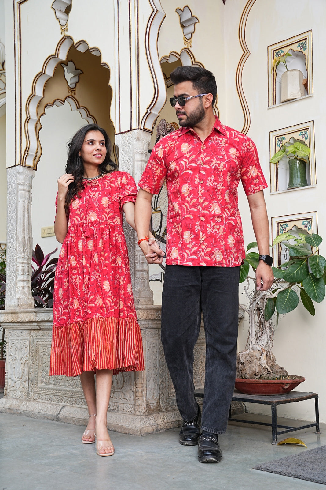 Couple Style Combo – Jaipuri Handblock Cotton Dress & Shirt Set
