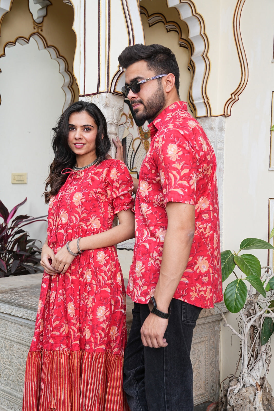 Couple Style Combo – Jaipuri Handblock Cotton Dress & Shirt Set