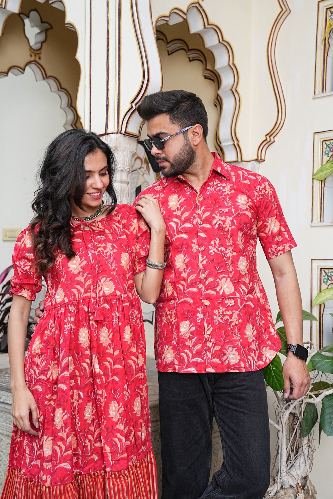 Couple Style Combo – Jaipuri Handblock Cotton Dress & Shirt Set