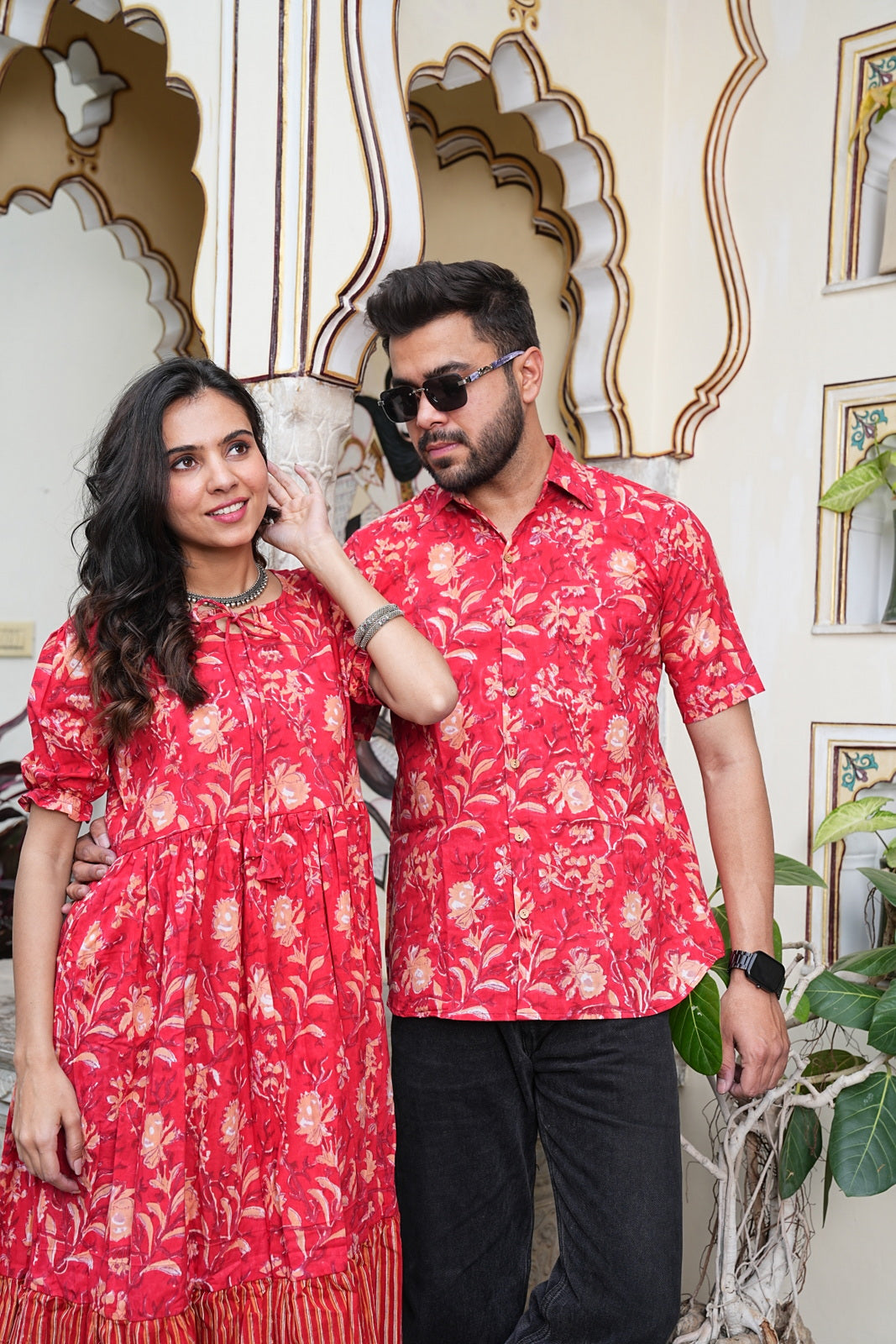 Couple Style Combo – Jaipuri Handblock Cotton Dress & Shirt Set