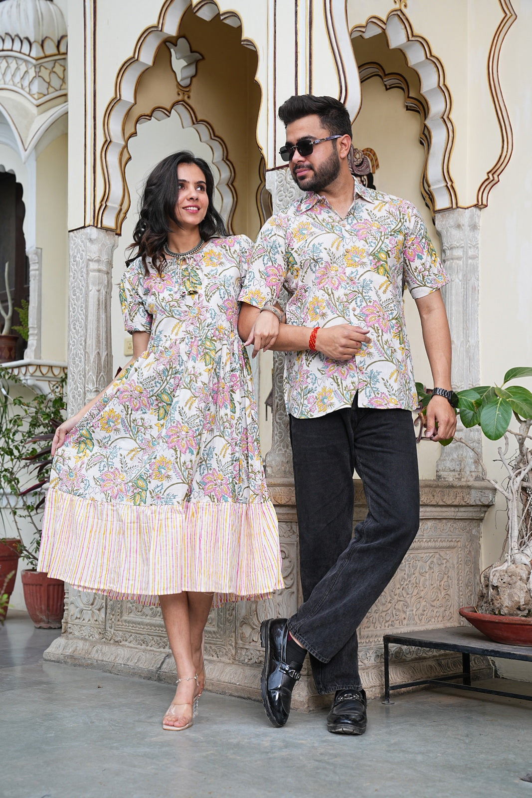 Couple Style Combo – Jaipuri Handblock Cotton Dress & Shirt Set