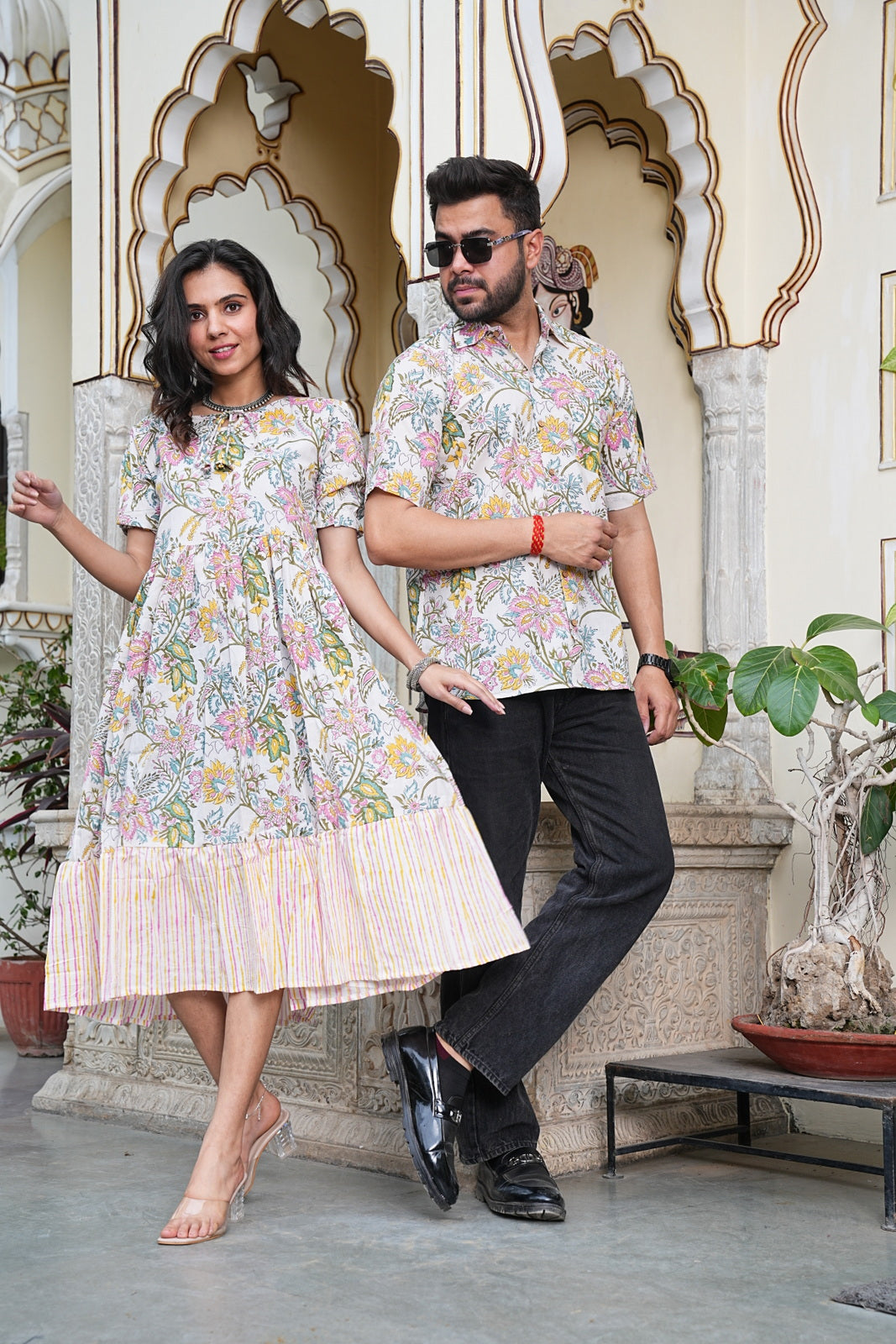 Couple Style Combo – Jaipuri Handblock Cotton Dress & Shirt Set