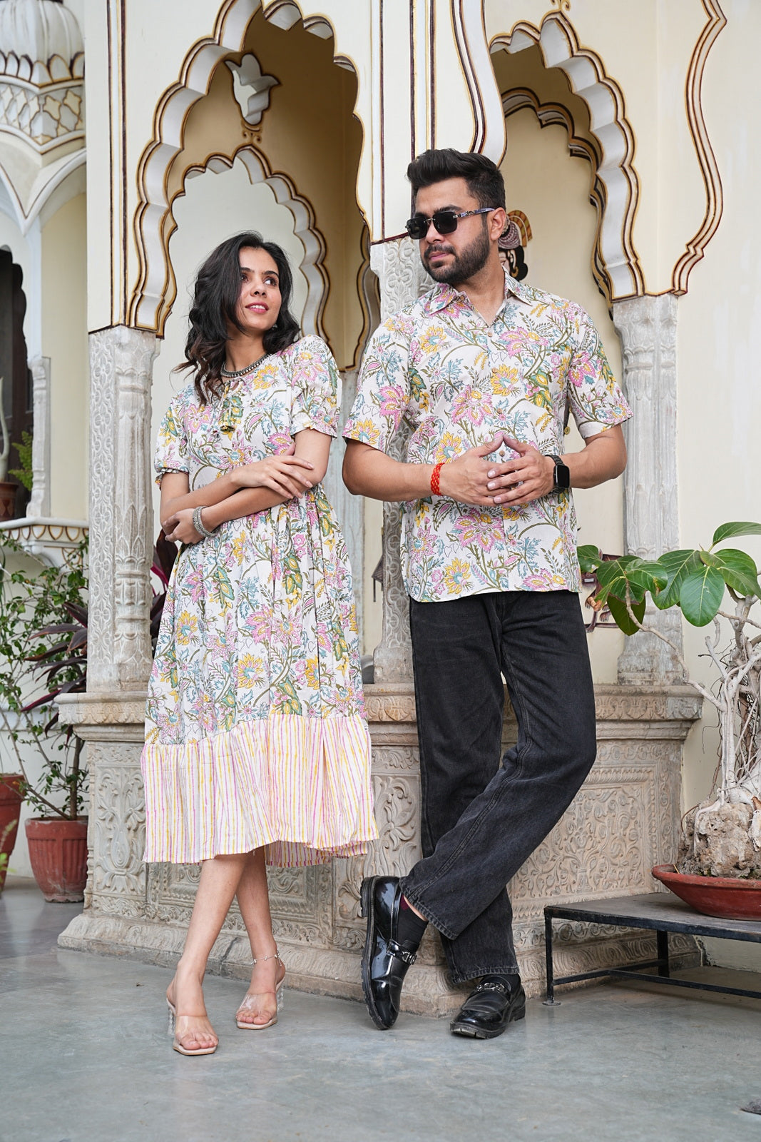 Couple Style Combo – Jaipuri Handblock Cotton Dress & Shirt Set