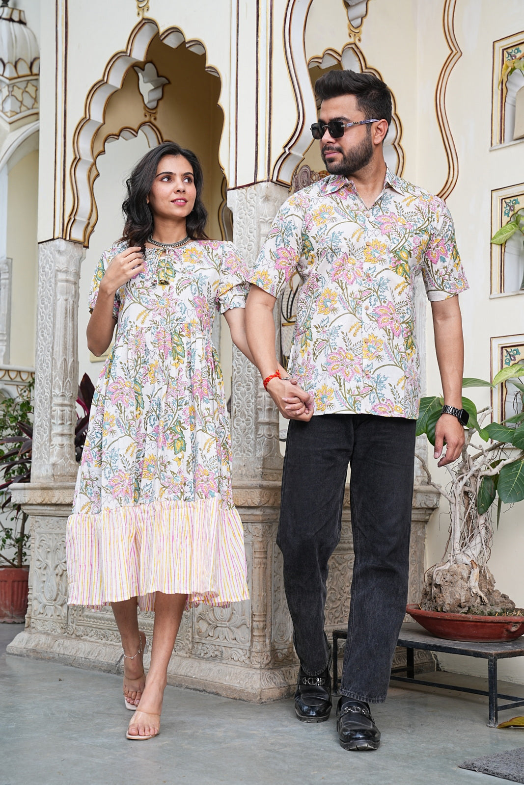 Couple Style Combo – Jaipuri Handblock Cotton Dress & Shirt Set