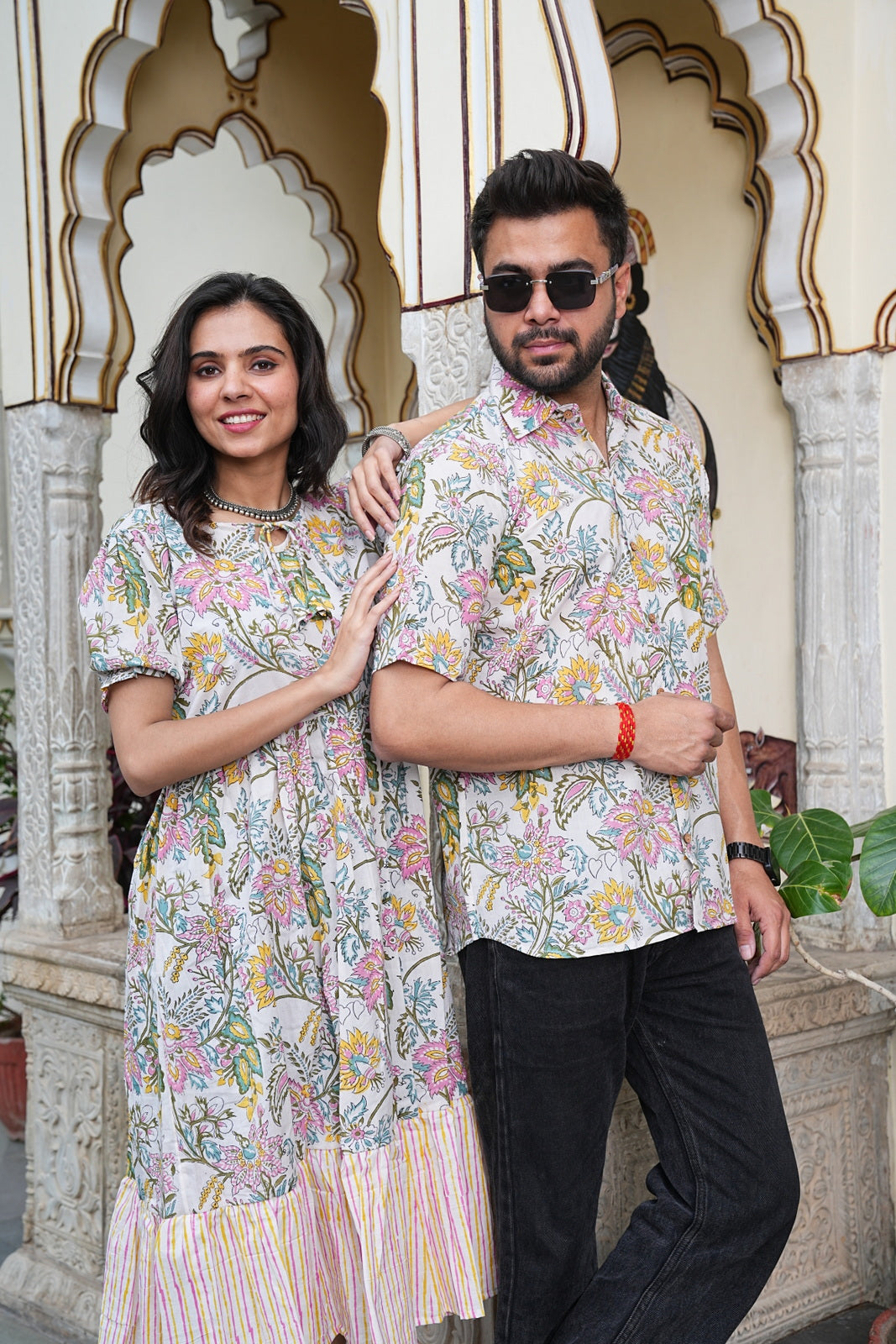 Couple Style Combo – Jaipuri Handblock Cotton Dress & Shirt Set