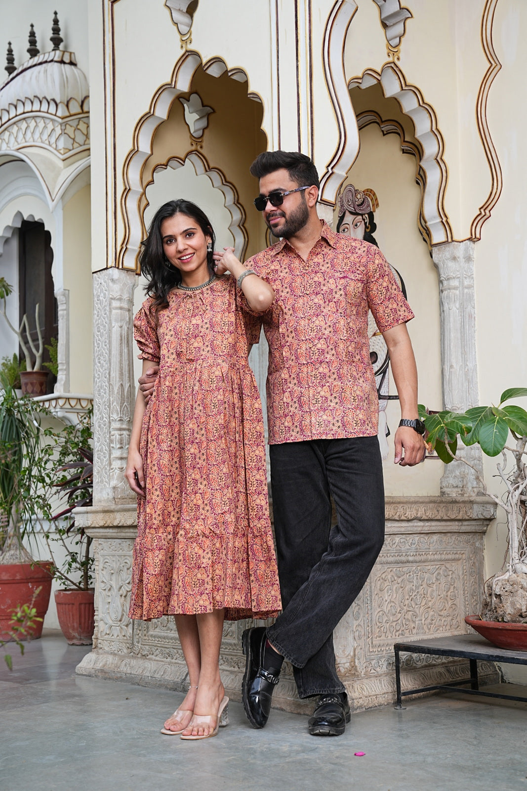 Couple Style Combo – Jaipuri Handblock Cotton Dress & Shirt Set