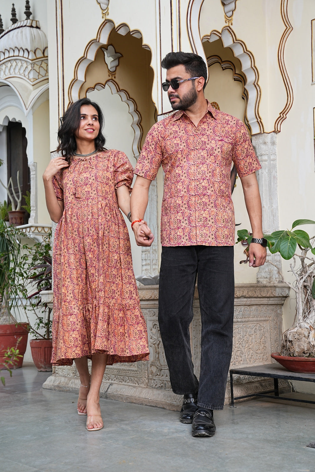 Couple Style Combo – Jaipuri Handblock Cotton Dress & Shirt Set