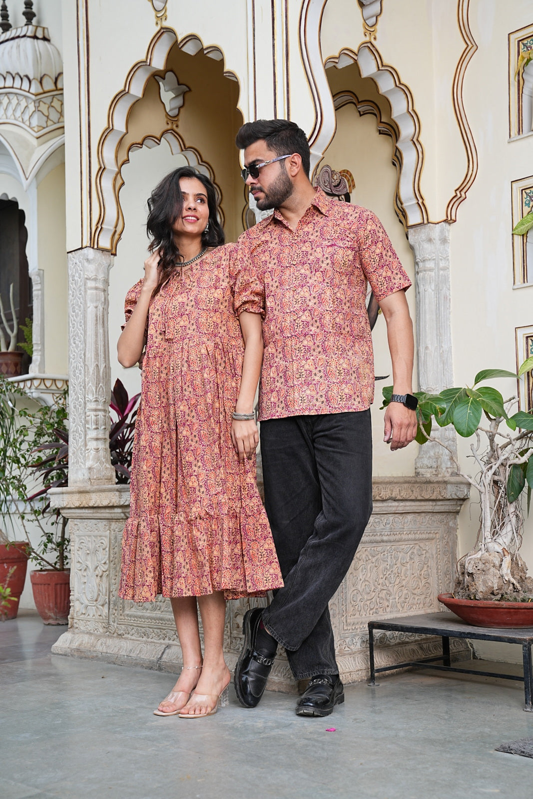Couple Style Combo – Jaipuri Handblock Cotton Dress & Shirt Set