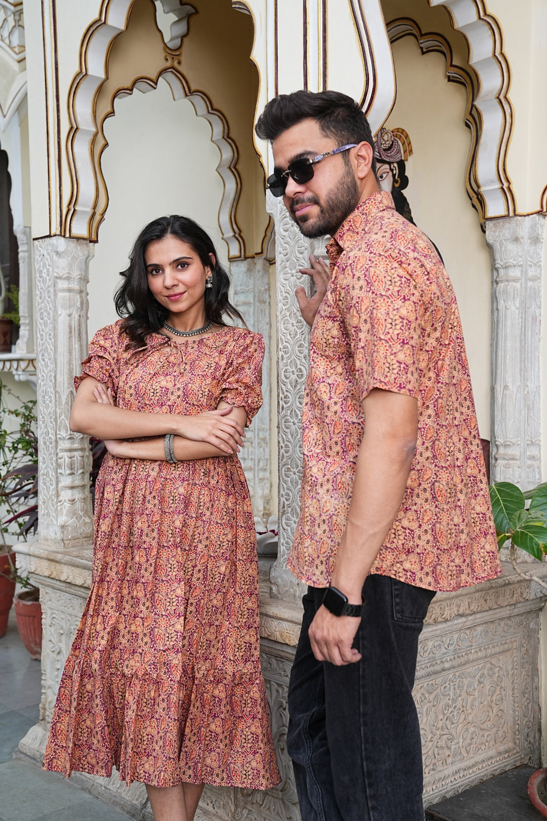 Couple Style Combo – Jaipuri Handblock Cotton Dress & Shirt Set