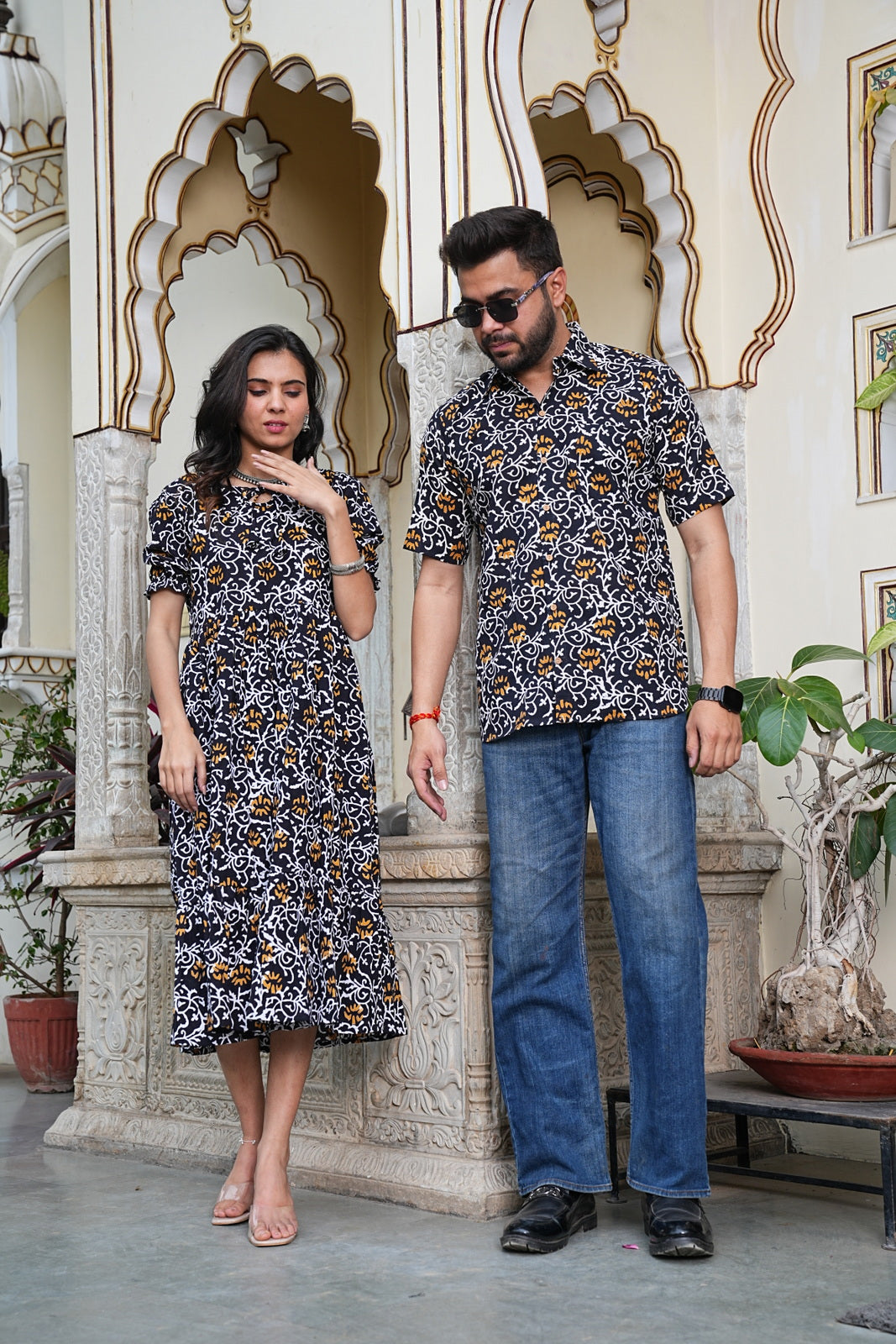 Couple Style Combo – Jaipuri Handblock Cotton Dress & Shirt Set