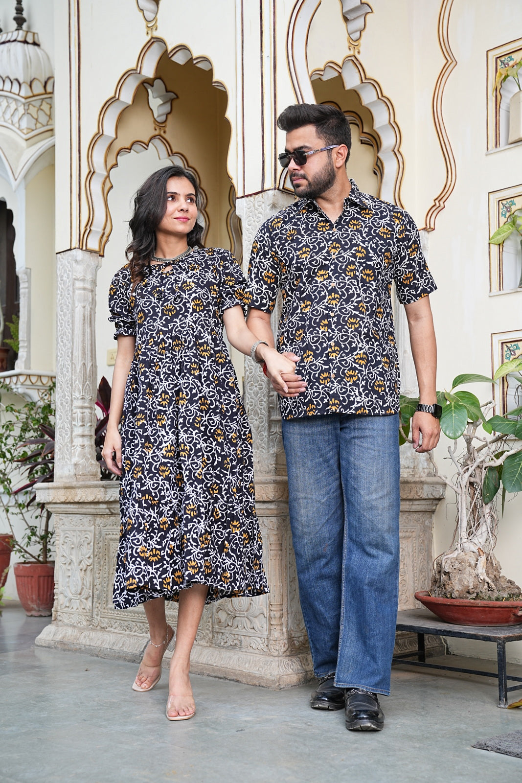 Couple Style Combo – Jaipuri Handblock Cotton Dress & Shirt Set