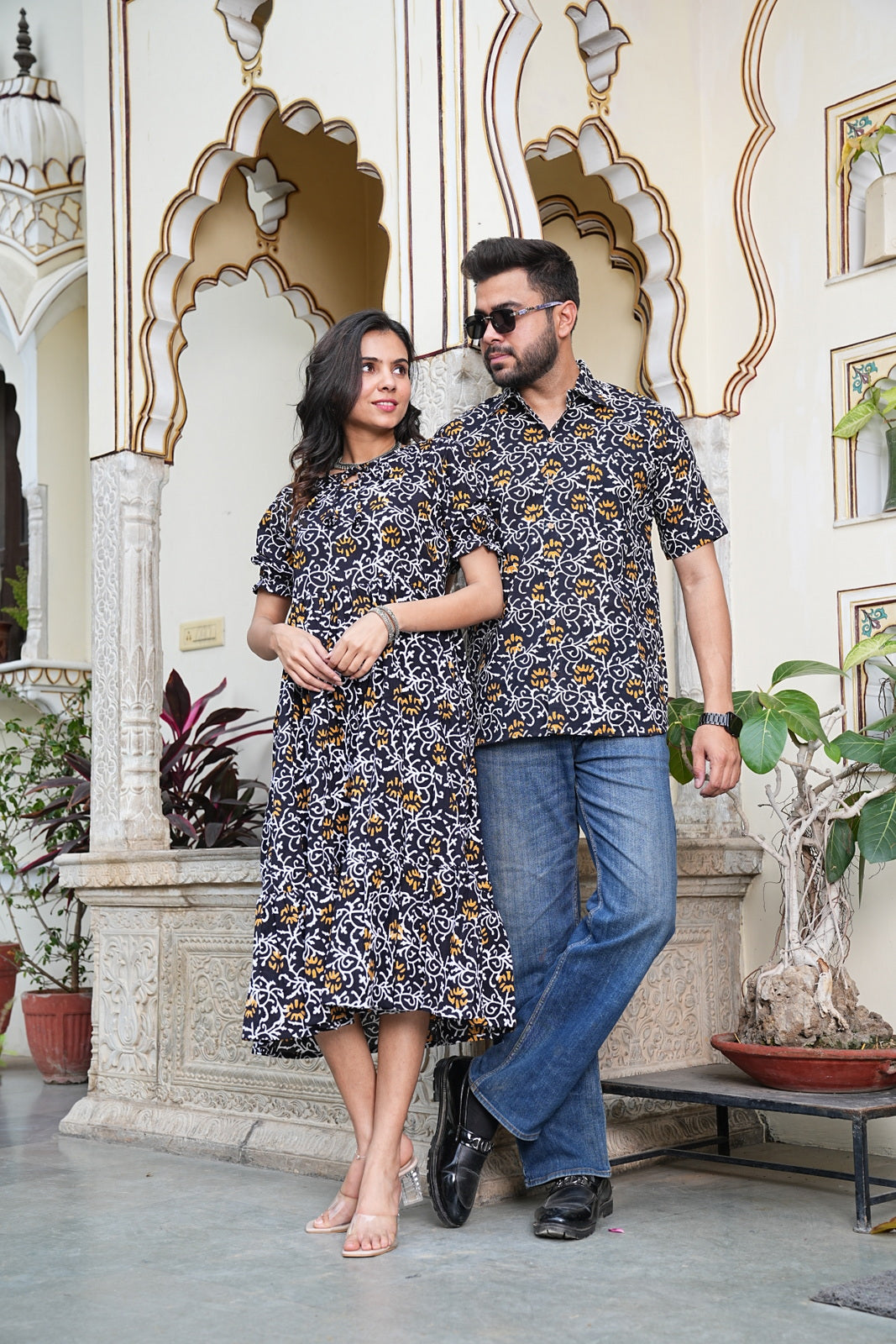 Couple Style Combo – Jaipuri Handblock Cotton Dress & Shirt Set