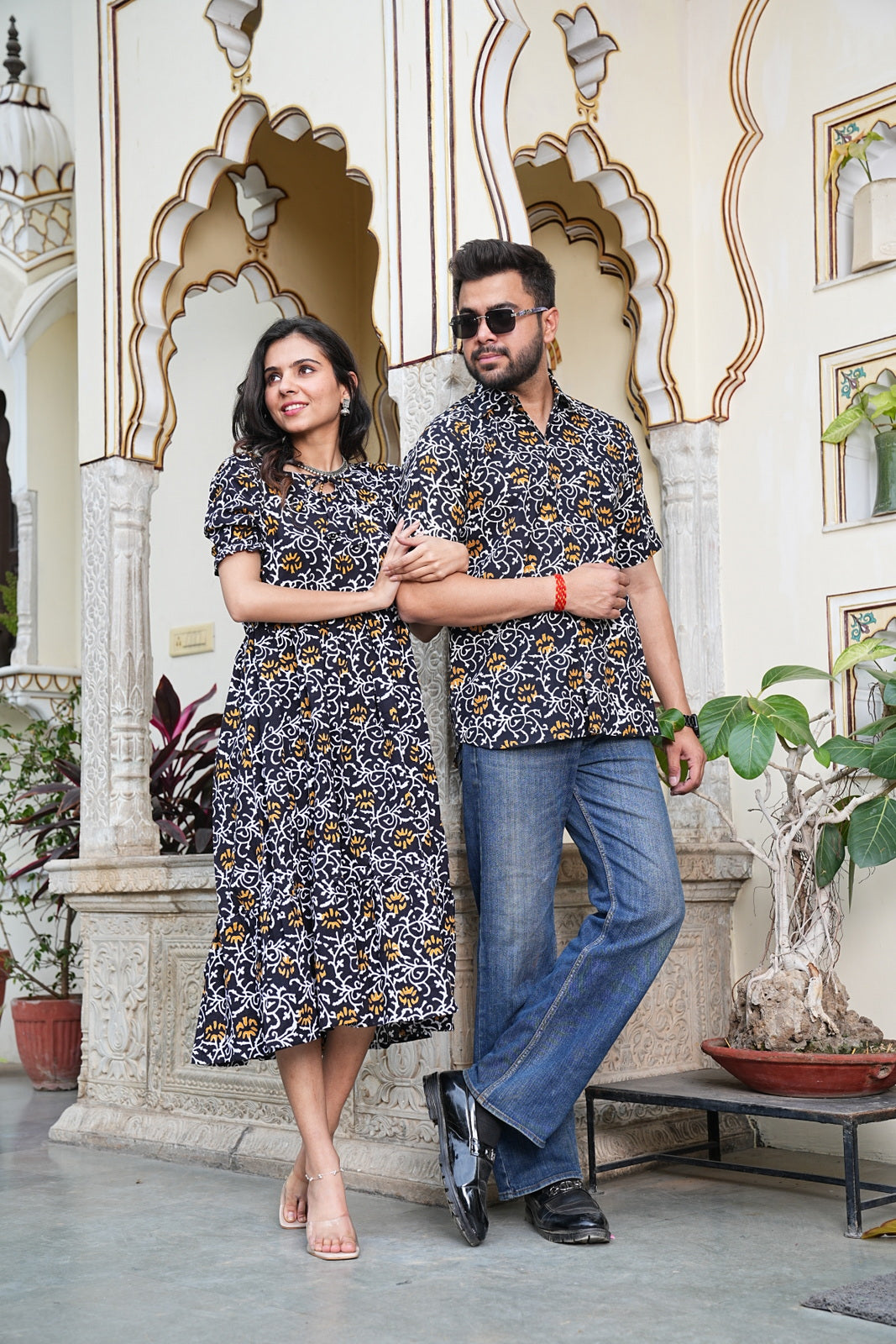 Couple Style Combo – Jaipuri Handblock Cotton Dress & Shirt Set
