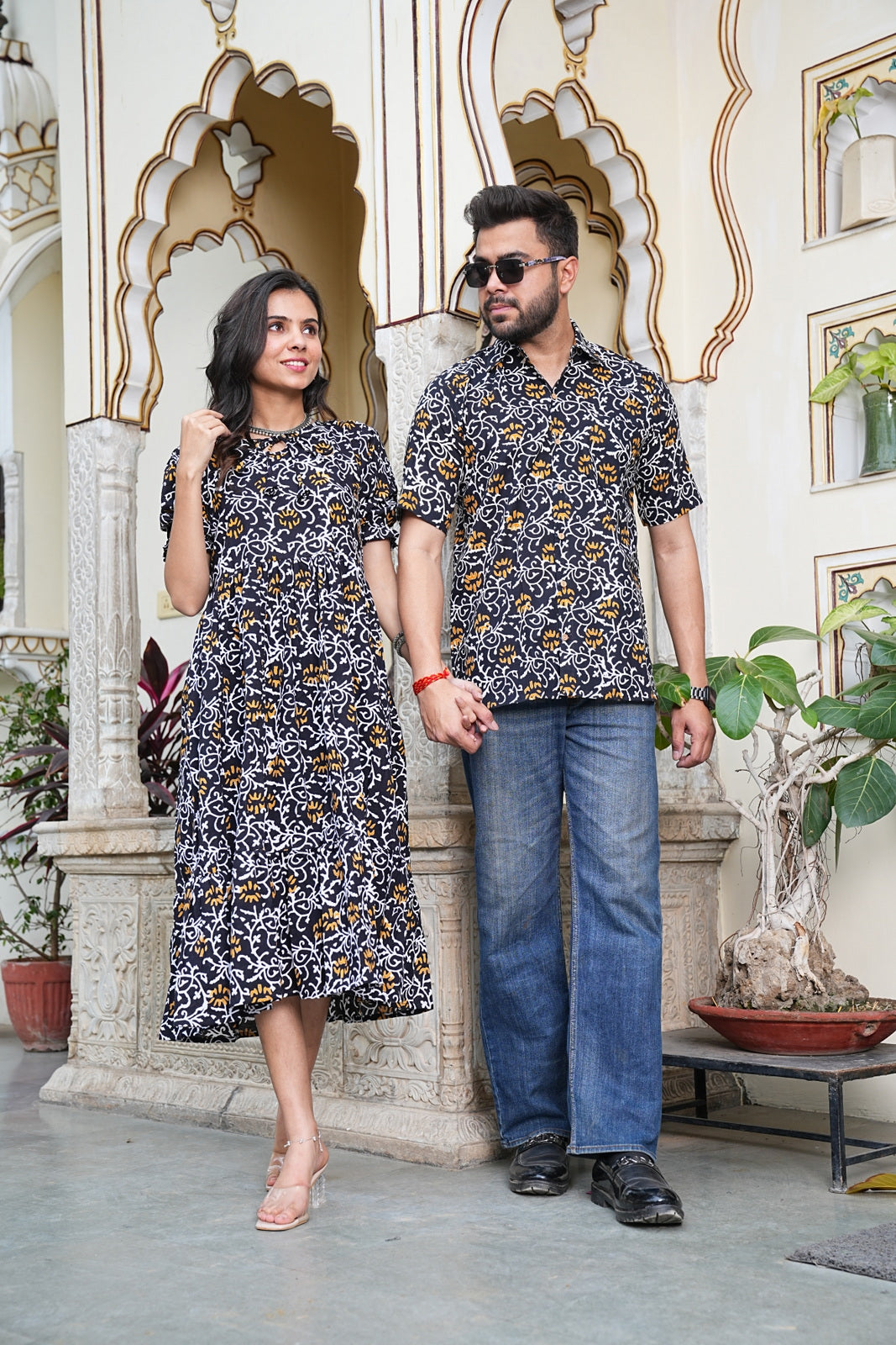 Couple Style Combo – Jaipuri Handblock Cotton Dress & Shirt Set