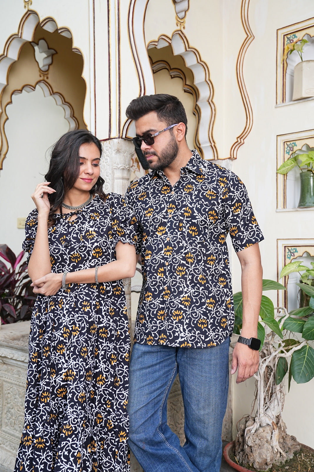 Couple Style Combo – Jaipuri Handblock Cotton Dress & Shirt Set