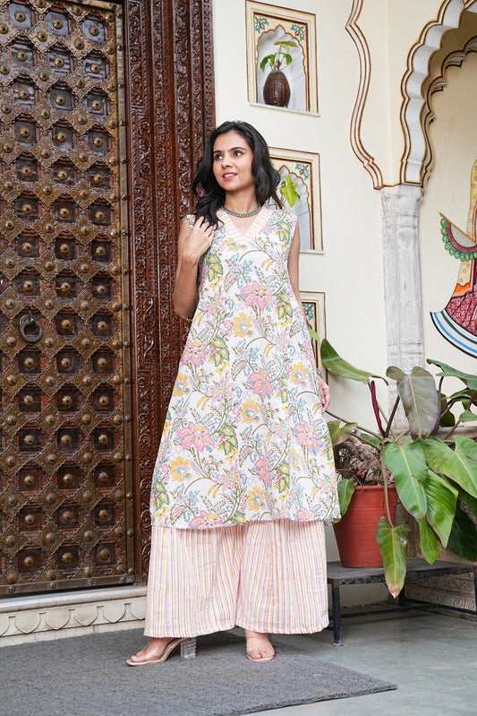 Handblock Printed Cotton Sleeveless Plazo Set – Earthy Elegance by House of the Handblock
