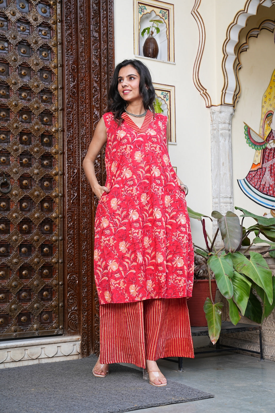 RED Handblock Printed Cotton Sleeveless Plazo Set – Earthy Elegance by House of the Handblock