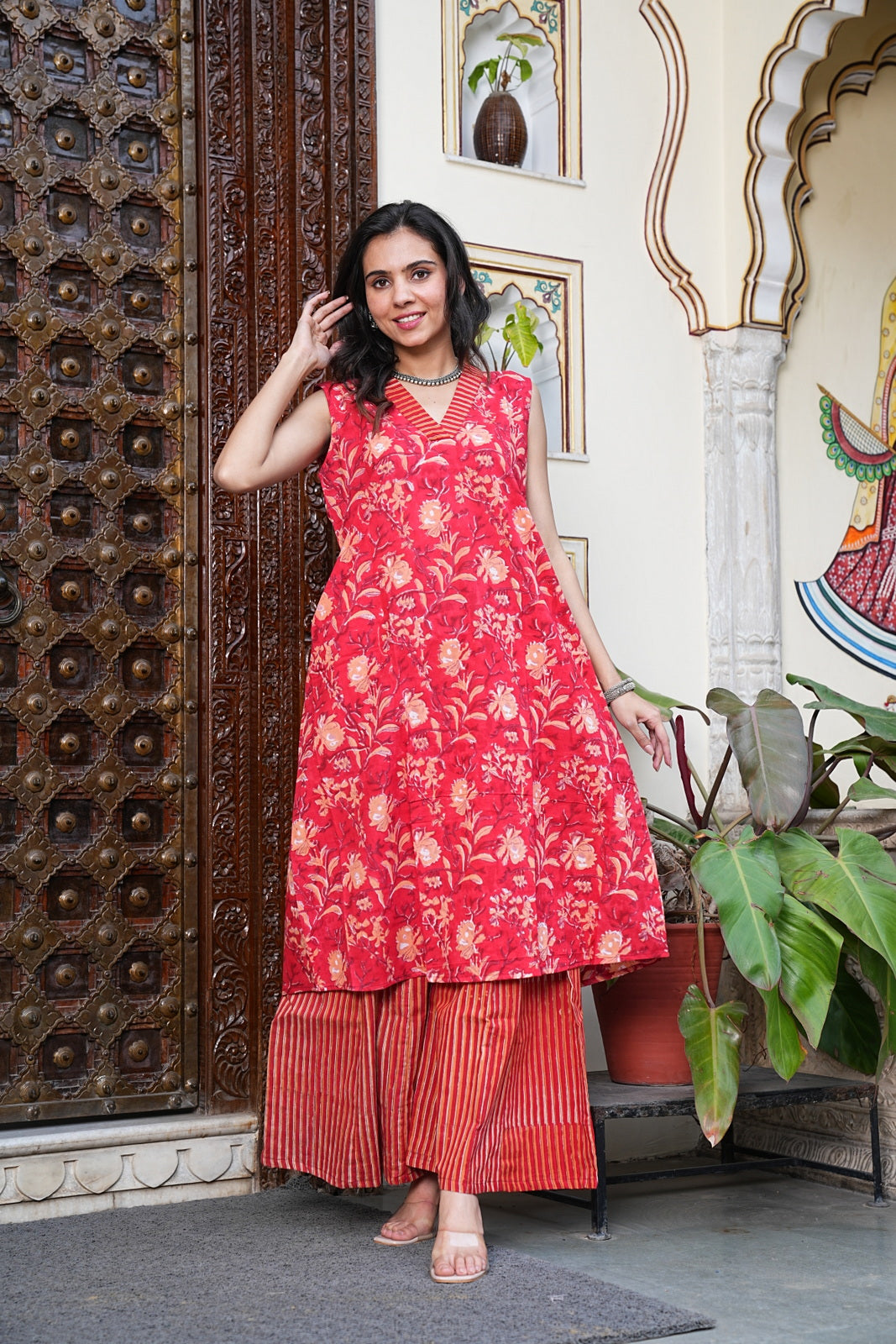 RED Handblock Printed Cotton Sleeveless Plazo Set – Earthy Elegance by House of the Handblock