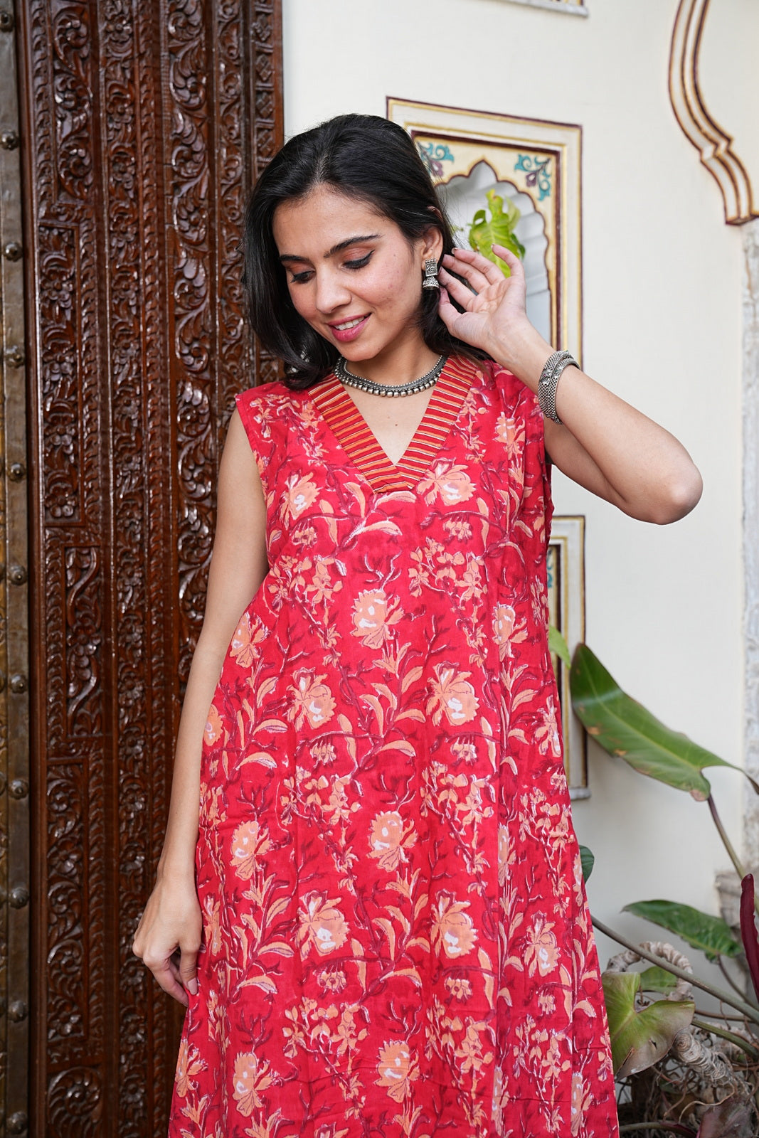 RED Handblock Printed Cotton Sleeveless Plazo Set – Earthy Elegance by House of the Handblock