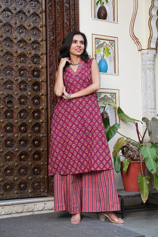 BAGRU Handblock Printed Cotton Sleeveless Plazo Set – Earthy Elegance by House of the HandblocK