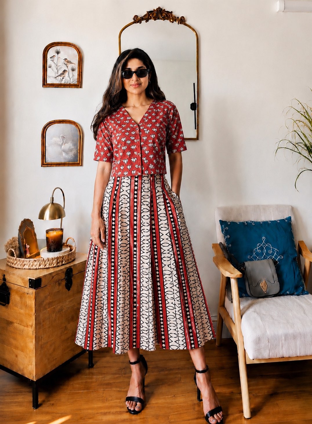 Natural Handblock Printed Cotton V-Neck Short Sleeve Crop Top & Elastic Pocket Skirt Co-Ord Set | XS to 8XL | House Of The Handblock
