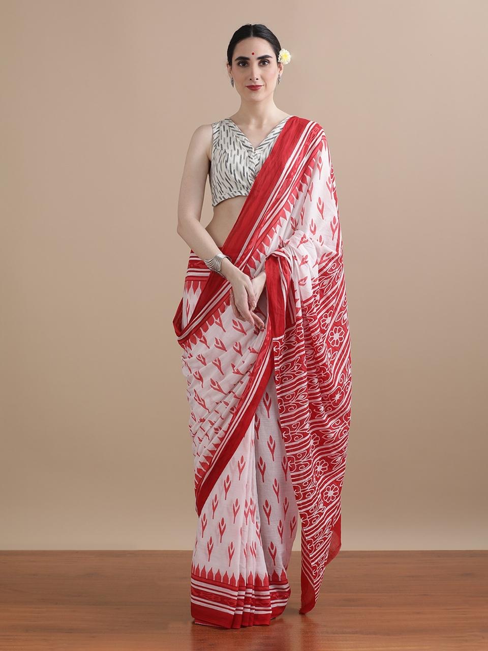 Pure Cotton Mul Mul Printed Saree with Blouse | Soft Handblock Style Saree | House of The Handblock
